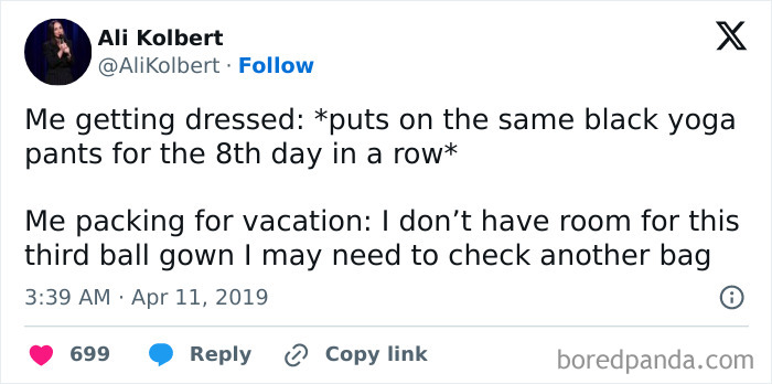 Tweet humor about packing struggles, highlighting relatable travel memes that show why actual travel is expensive and stressful.