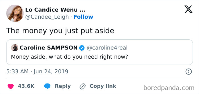 Tweet showing a humorous reply about money and energy, fitting 80 funny memes for moments when you don’t have energy.