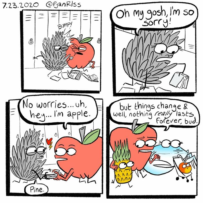 Comic artist’s dark and absurd punchline comic shows pinecone and apple with quirky, unexpected dialogue in a school hallway setting.