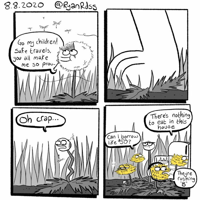 Comic artist creates dark, absurd punchlines from cute setups in a black and white four-panel comic strip.