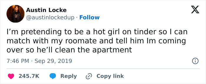 Screenshot of a humorous Twitter post showing an unhinged text about pretending on Tinder to get a roommate to clean.