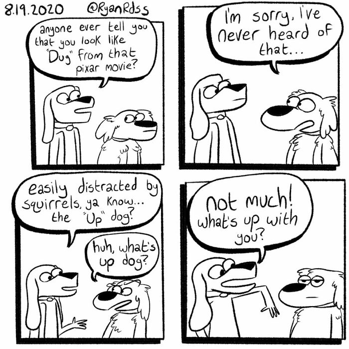 Comic artist creates dark, absurd punchline in a simple dog-themed setup comic strip about distraction and greetings.