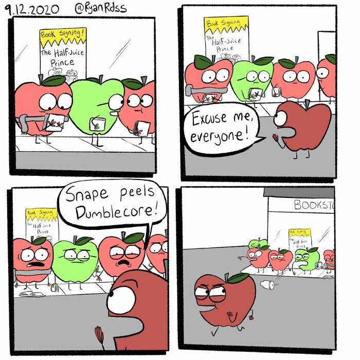 Comic artist’s dark, absurd punchline in a cartoon with apples at a book signing turning cute setups unexpected.