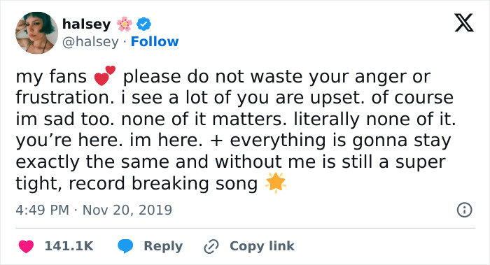 Tweet from Halsey addressing fan frustration over Grammy snubs, highlighting the emotional impact on fans more than artists.