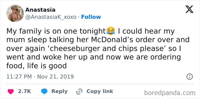 Tweet showing a funny sleep talking moment about ordering McDonald’s, shared as part of funniest things heard in sleep.