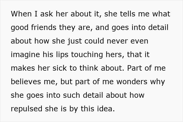 Text excerpt showing a guy suspecting his girlfriend is cheating with his roommate and questioning her detailed denial.