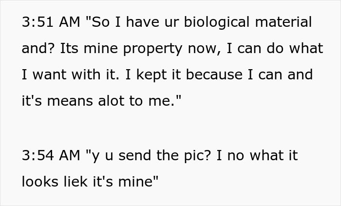 Text messages showing a woman confronting her hair stylist about keeping her biological material and a weird shrine.