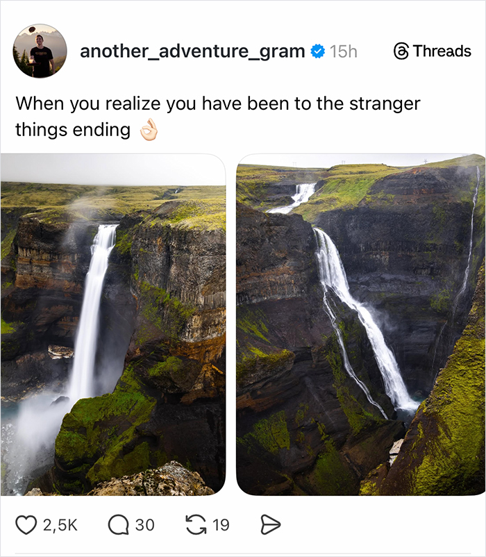 Two cascading waterfalls in a rugged landscape representing the stranger things ending after 10 years discussed by fans.