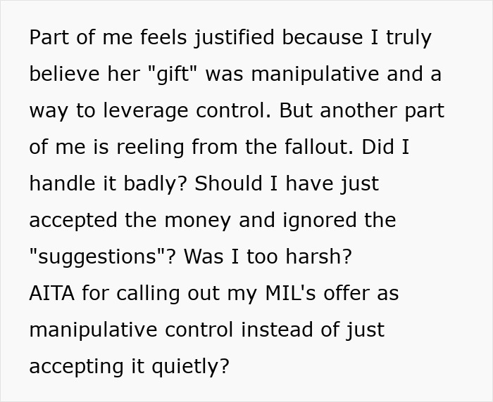 Text discussing a woman confronting her MIL about a gift seen as manipulative control affecting their relationship. Text discussing a woman confronting her MIL about a gift seen as manipulative control affecting their relationship.