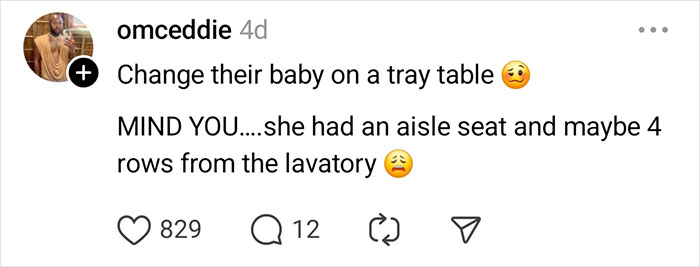 Social media post describing a passenger changing their baby on a tray table, an unhinged thing flight attendants saw.