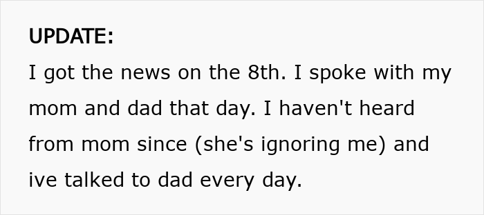 Text update about man discovering secret family after taking ancestry test, mentioning communication with parents.