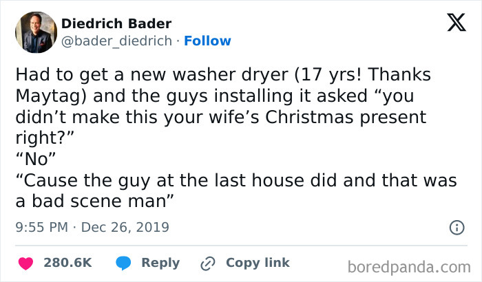 Tweet showing a humorous example of patriarchy, highlighting sexist assumptions about household roles and gender expectations.