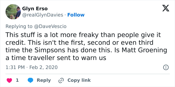 Screenshot of tweet saying Simpsons predictions feel freaky, asking if Matt Groening is a time traveller