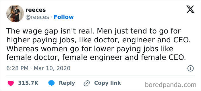 Social media post challenging the wage gap myth, highlighting feminist posts calling out patriarchy with strong messages.