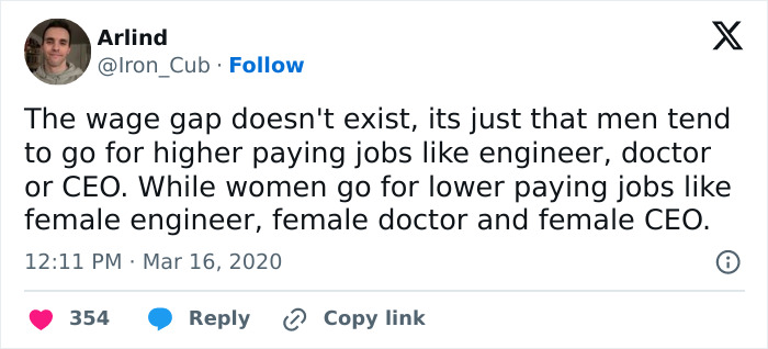 Screenshot of a tweet debating the wage gap, illustrating one of the unhinged images that caught people off-guard online.