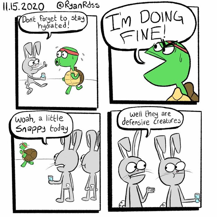 Comic artist’s dark and absurd punchline shows a turtle stressed and defensive while a rabbit reminds to stay hydrated.