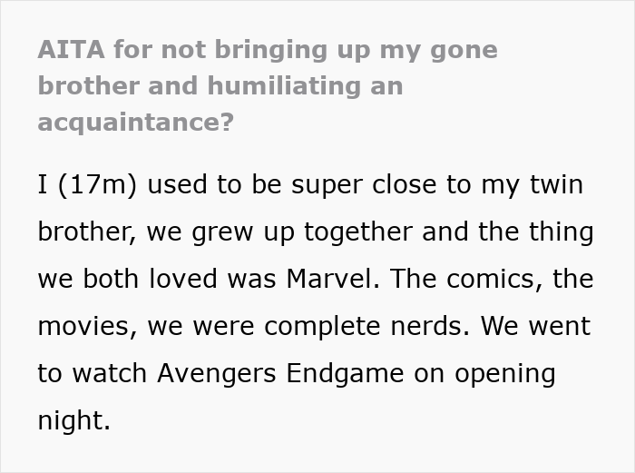 Text excerpt about a teen close to his twin brother and their love for Marvel superhero stuff and movies.