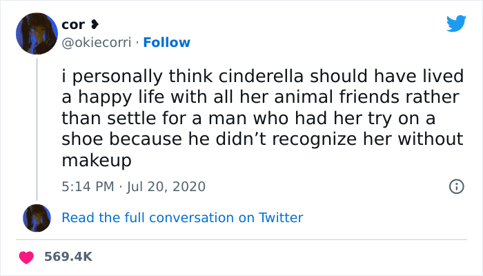 Screenshot of a feminist post calling out patriarchy, stating Cinderella should have lived happily with her animal friends instead.