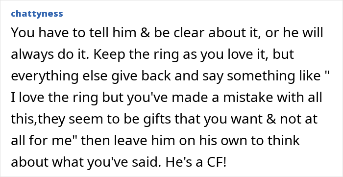 Alt text: A woman discusses feeling ungrateful for husband&rsquo;s gifts while people agree his gifts are abhorrent in an online chat.