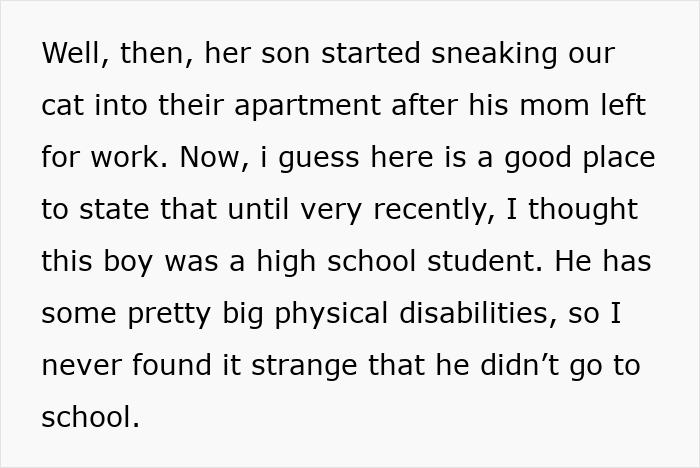 Text excerpt describing a neighbor&rsquo;s son secretly adopting and caring for a cat with physical disabilities.