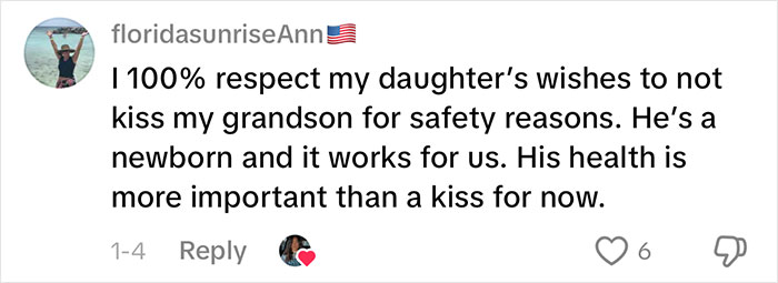 Social media comment respecting grandma not kissing newborn baby for safety, reflecting woman’s gentle reminder viral topic.