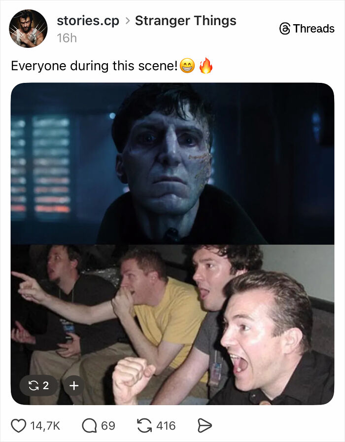 Meme showing a Stranger Things character with a scarred face above a group of excited men reacting to a scene.