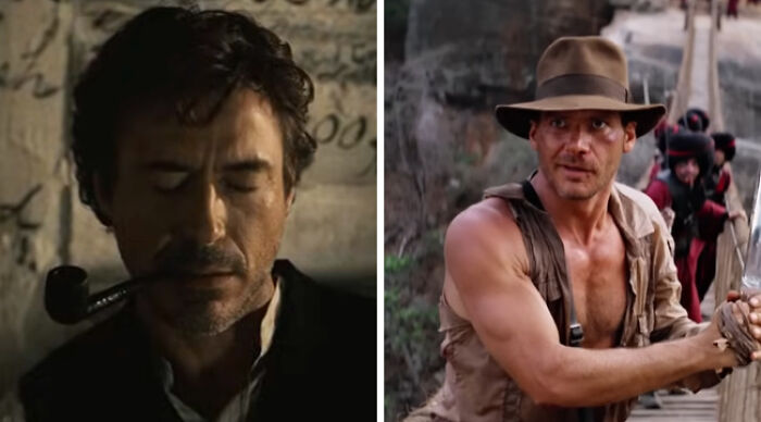 Split image of two film heroes: contemplative man with pipe and rugged explorer on a rope bridge — Would You Rather choices