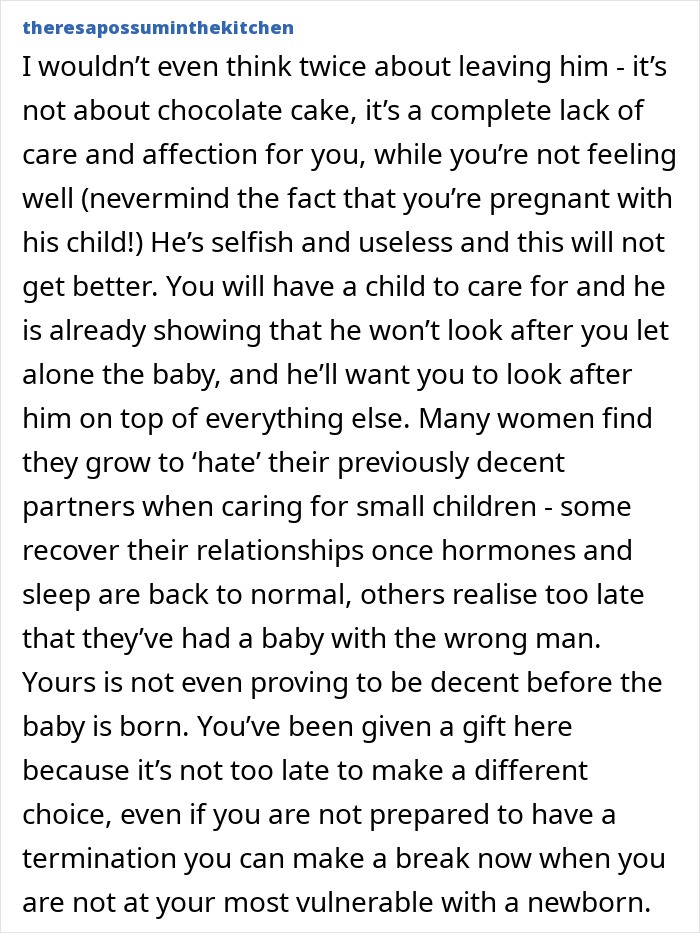 Screenshot of a detailed comment about a man eating his pregnant partner’s craving treat and relationship concerns. Screenshot of a detailed comment about a man eating his pregnant partner’s craving treat and relationship concerns.
