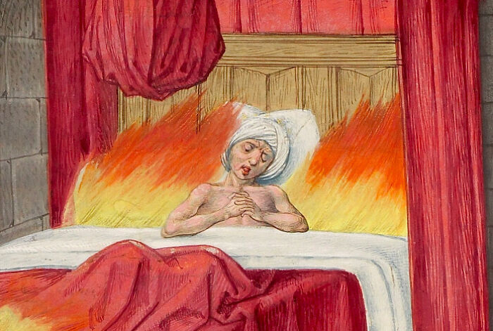 Medieval painting of a person in bed with flames behind, perfect for meme captions and punchlines inspiration.