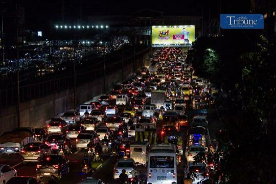 Heavy nighttime traffic jam in a city known for some of the worst traffic in the world, highlighting urban congestion challenges.