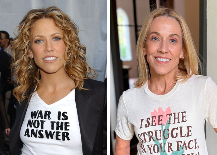 Side-by-side images of a famous woman with curly hair and the same woman years later, showcasing staying forever young.