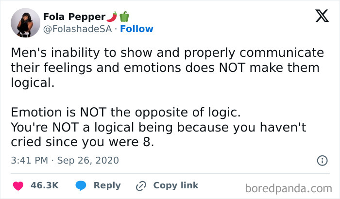 Tweet by Fola Pepper discussing men's emotional expression and logic, highlighting feminist posts calling out the patriarchy.