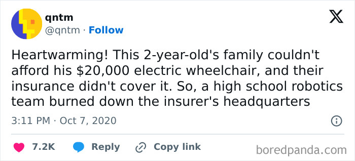 Tweet screenshot about a 2-year-old’s family struggling to afford an electric wheelchair, highlighting social issues.