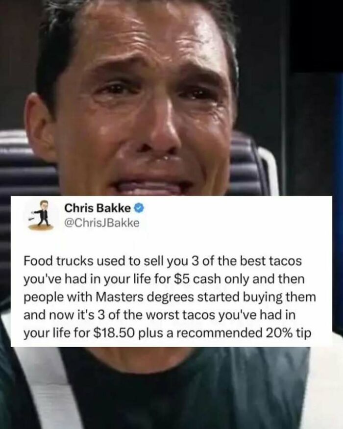 Man crying with a humorous tweet about tacos and food trucks, highlighting funny screenshots to distract from responsibilities.