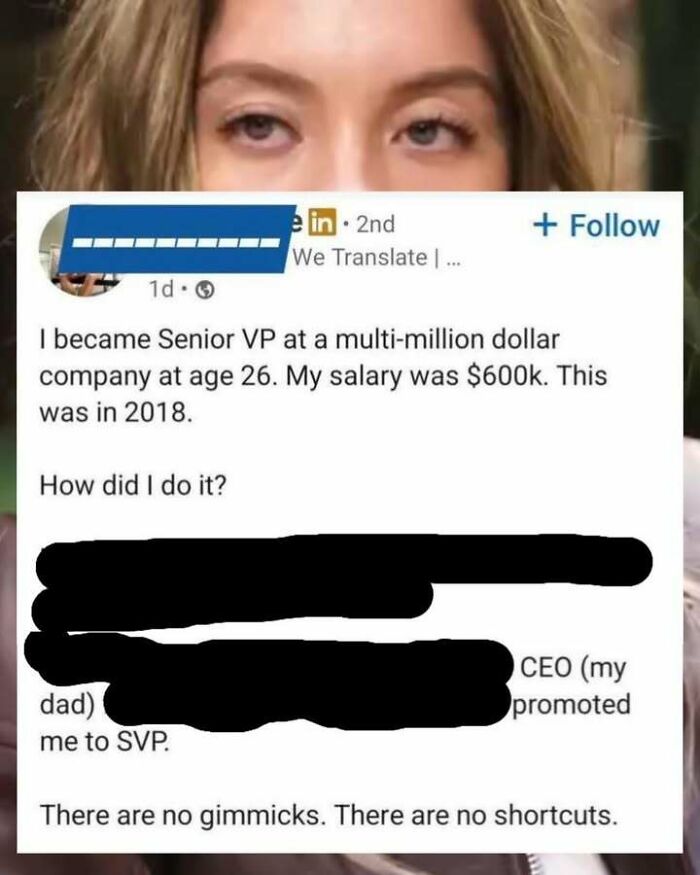 Funny screenshot of a LinkedIn post showing a sarcastic success story to distract from responsibilities.