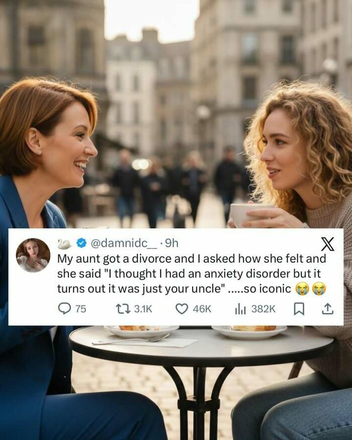 Two women laughing and chatting over coffee outdoors with a funny screenshot of a viral tweet about anxiety and divorce.