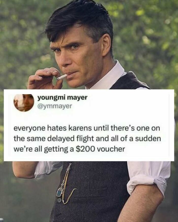 Actor smoking with a humorous screenshot about Karens on delayed flights and $200 vouchers for funny screenshots.