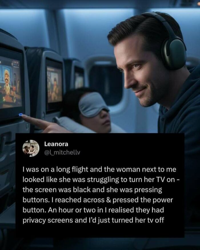 Man wearing headphones on airplane helping woman with in-flight screen, showing funny screenshots to distract from responsibilities.