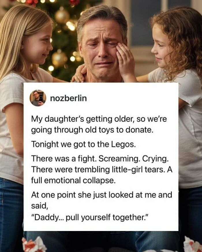 Funny screenshot of a father having an emotional meltdown over donating his daughter's Legos, with kids comforting him.