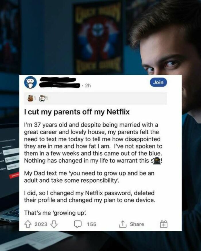 Funny screenshot of a Reddit post about cutting parents off Netflix to avoid responsibility and family drama.
