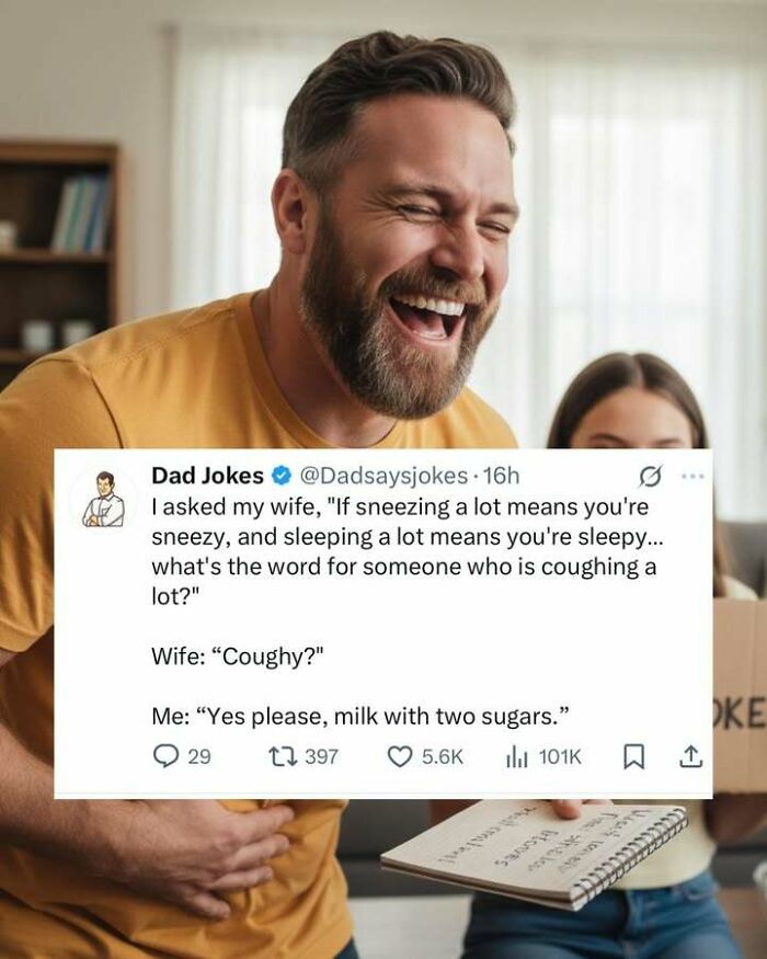 Man laughing heartily at a funny screenshot from Dad Jokes on social media, highlighting funny screenshots humor.