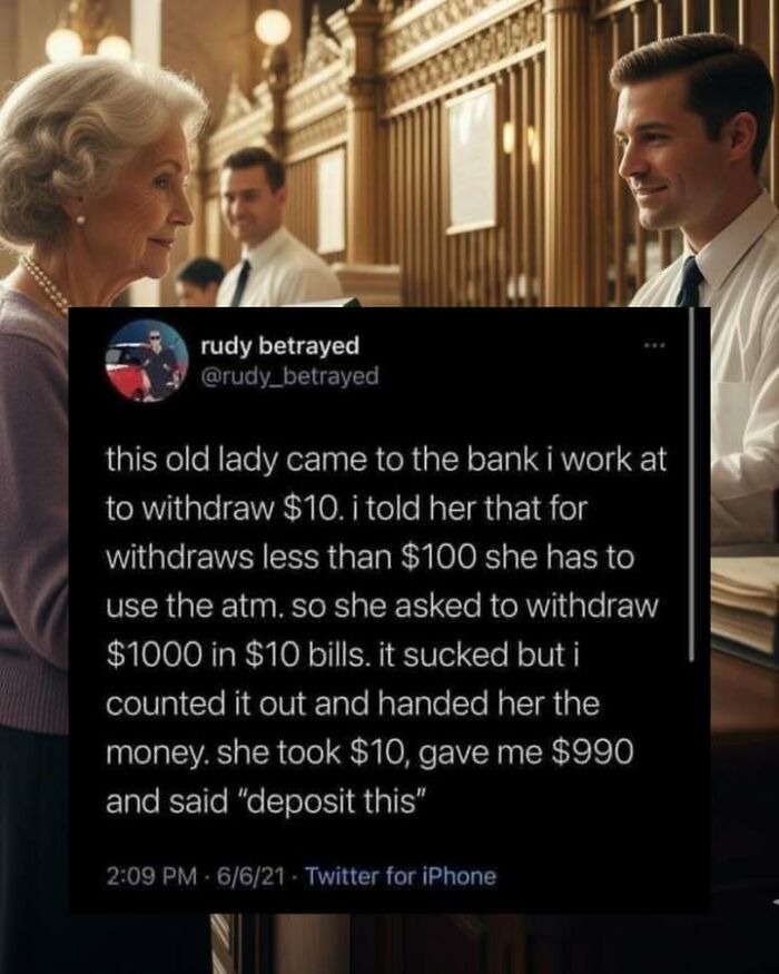 Funny screenshot of a bank teller story where an old lady cleverly handles a cash withdrawal request in a humorous way.