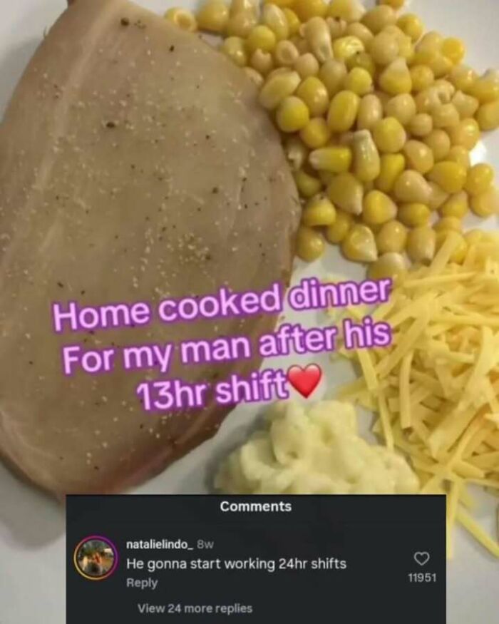 Plate with a plain cooked meat, corn, shredded cheese, and cauliflower, a funny screenshot about home cooked dinner.