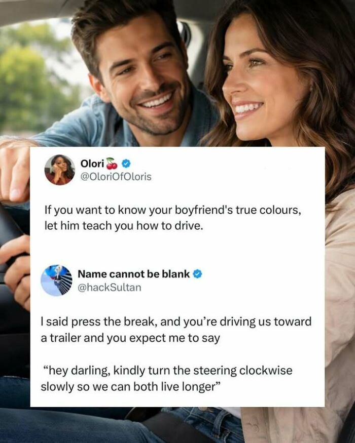 Couple smiling in car with funny driving-related social media screenshots showing humorous relationship moments.