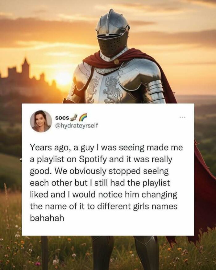 Funny screenshot of a Twitter post about a changing Spotify playlist, perfect for distraction from responsibilities.