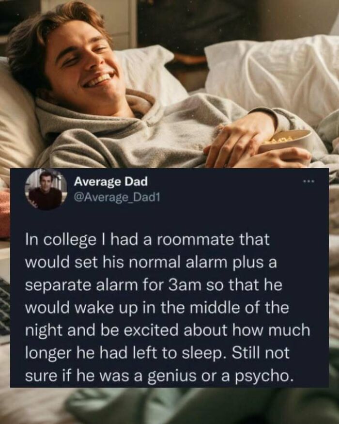 Young man smiling and relaxing in bed with a funny screenshot about waking up early alarm to distract.