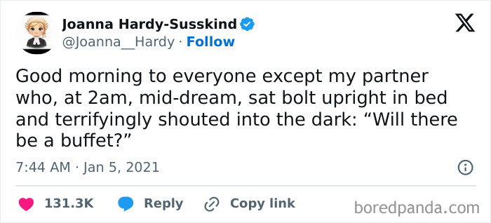 Screenshot of a tweet sharing a funny thing someone said in their sleep, highlighting sleep talk humor at 2am.