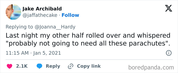 Screenshot of a tweet sharing a funny thing someone said in their sleep about not needing all these parachutes.