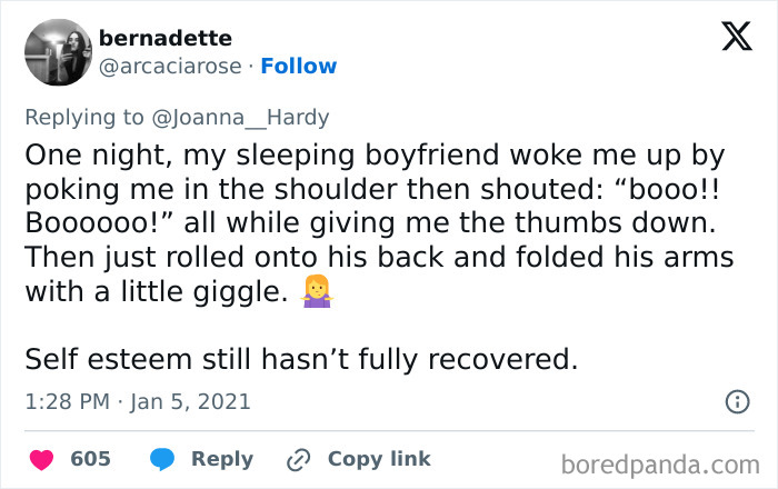 Tweet describing a funny thing said by a sleeping boyfriend, showcasing humorous sleep talking moments shared by people.