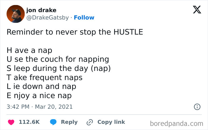 Tweet about the hustle promoting naps and relaxation with a couch, fitting the theme of therapy memes and relatable humor.